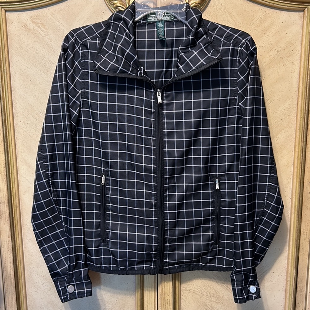 Ralph Lauren Active Black & White Plaid Stripe Zip Front Wind Breaker Jacket New